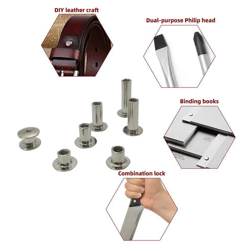 Top Shelf Nickel Plated Chicago Screws, 110 Piece Assorted Kit with various sizes for DIY projects including leather crafting.