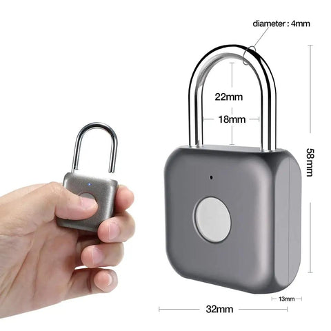 Gray metal fingerprint padlock keyless lock for lockers backpacks gym bags and luggage with dimensions and hand holding device.