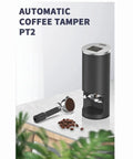 Automatic Electric Coffee Tamper Machine For 58mm Portafilters on countertop with portafilter and coffee beans.