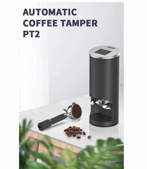 Automatic Electric Coffee Tamper Machine For 58mm Portafilters on countertop with portafilter and coffee beans.