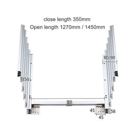 Sturdy Aluminum Telescopic Folding Table Guide Rail Hinge with measurements showing concealed slide mechanism, space saving design