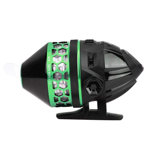 Side view of Spincast Fishing Reel with 4.1 to 1 Gear Ratio, Closed Face Design, featuring durable ABS and metal build.
