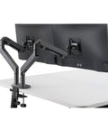 Dual monitor stand with smooth gas spring lift, supporting 17-32 inch displays, in sleek dark grey aluminum.