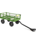 Green steel utility garden cart with no flat foam filled 10 inch tires, 800 pound capacity, and 2 in 1 convertible towing handle.