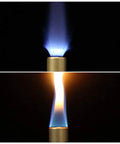 Bunsen Burner Portable Laboratory Gas Burner Brass With Adjustable Air Mix And Gas Flow showing blue and yellow flame.