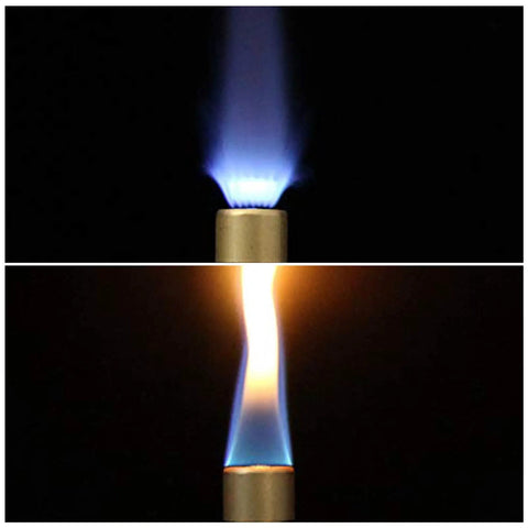 Bunsen Burner Portable Laboratory Gas Burner Brass With Adjustable Air Mix And Gas Flow showing blue and yellow flame.