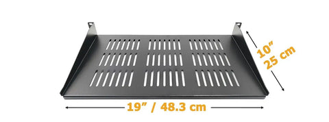 2 Pack 1U Vented Cantilever Server Rack Shelf 10 Inch Deep fits standard 19 Inch network cabinets with ventilation slits.