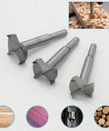 Three Forstner auger drill bits, 40 mm, steel with flat-wing design for woodworking.