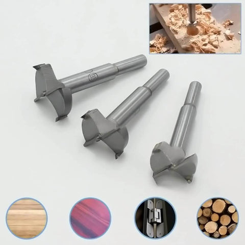 Three Forstner auger drill bits, 40 mm, steel with flat-wing design for woodworking.