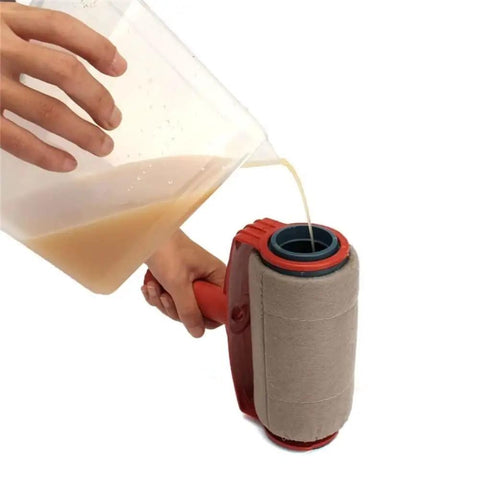 Premium Flocked Paint Roller Edger Tool for Walls and Trim being filled with paint from a container.