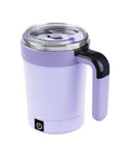 Self Stirring Coffee Mug With Automatic Magnetic Mixing And Smart Temp Sensor Usb Rechargeable Travel Cup That Keeps Your Brew Piping Hot For Zero Hassle Smooth Sippin Every Damn Morning Purple side view showing handle and top.