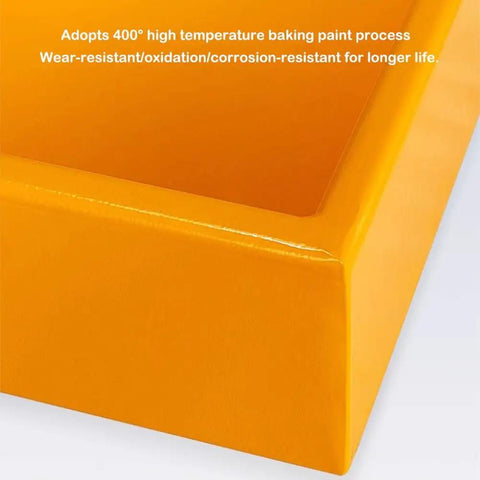Heavy Duty Spill Containment Platform With Drain Outlet For Metal Steel Tray Safe Fluid Storage Chemical Spill Control And Industrial Use Polyethylene Tray close-up of vibrant yellow edge showing high temperature paint.