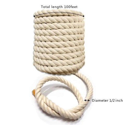 One Half Inch Natural Twisted Cotton Rope Thick And Soft Dope For Macrame Decor Crafts Camping Wedding Ropes And DIY Projects Great For Sports And Home Use With Natural Fragrance Lightweight Yet Strong, 100 feet length, diameter 1/2 inch, beige color