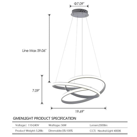 Modern LED Ring Pendant Light Fixture For Dining Rooms And Kitchen Islands, Totally Slick Adjustable Acrylic Grey Chandelier, 36W 4000K Neutral Daylight