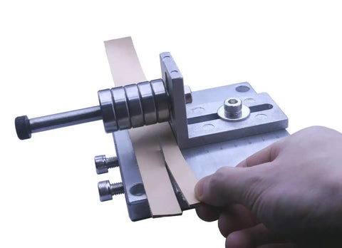 Leather Strap Cutter Machine Pro Grade Heavy Duty Aluminum Alloy Belt Cutting Tool in use for thick hard leather up to 60mm wide