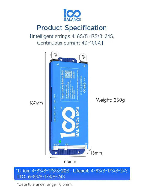 Smart Lithium Battery Management System Featuring Active Balance 24V To 72V 80A Controller for Lifepo4 Solar Arrays and Ebikes. Product specification with dimensions.