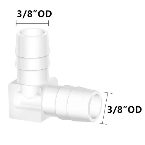 Quickun 3/8" hose barb 90-degree elbow L-fitting, white plastic, 2-way, pack of 5