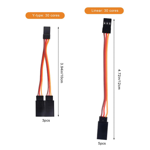 8-Piece Servo Extension Cables And Y Harness Splitters, 30-Core 3.94in 10cm and 4.72in 12cm RC Wiring Kit Display