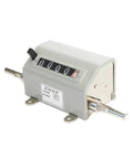 Dead Reliable Mechanical Length Counter With Double Rolling Wheels For Tight Yard Meter Tracking Robust Stainless Steel Frame Easy Reset Button No Fuss Tracking Gauge placed on a surface showing its mechanical counter and reset dial.