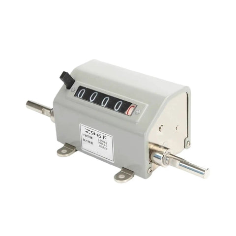 Dead Reliable Mechanical Length Counter With Double Rolling Wheels For Tight Yard Meter Tracking Robust Stainless Steel Frame Easy Reset Button No Fuss Tracking Gauge placed on a surface showing its mechanical counter and reset dial.
