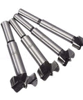 Five-piece metal hinge drilling jig set with black cutters for cabinet door installation