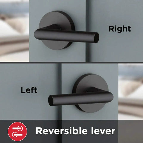 Milan Door Handle Lever In Iron Black Modern Contemporary Slim Round Interior Door Hardware For Hallway Or Closet Passage Reversible Adjustable Latch No Locking Easy Install showing reversible lever orientation