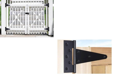 Eight Pieces Four Inch Galvanized T Shaped Hinge Set Featuring Installed Hinges on White Gate and Wooden Door