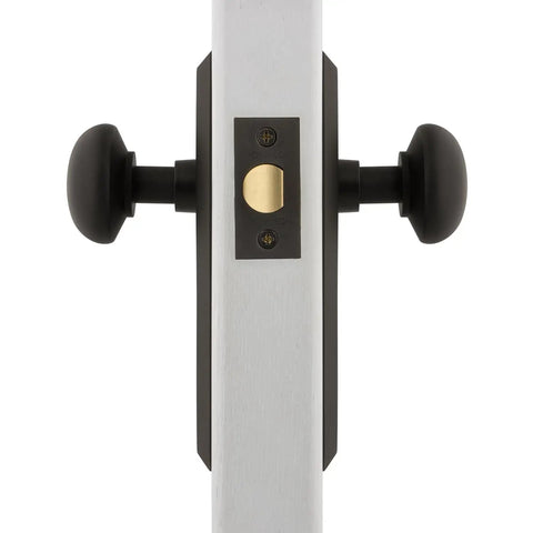 Side view of New York Style Door Knob with Plate Classic Round Knob and Long Back Plate for Interior Doors in black finish.