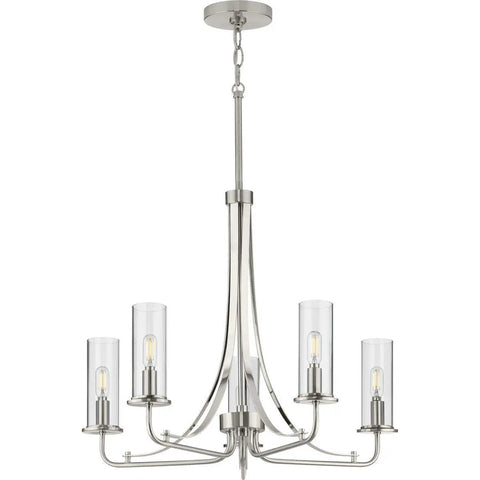 Riley Collection 5 Light Clear Glass Traditional Chandelier in Brushed Nickel with Polished Chrome Accents for a Clean Modern Vibe and Bright Home Illumination