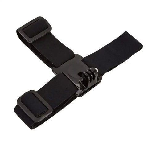 Adjustable Action Camera Head Strap Mount for hands-free use showing elastic nylon material and secure camera attachment.