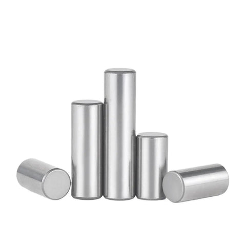 Premium 304 Stainless Steel Dowel Pins With Hardened HRC 58-62 Build and Tapered Tips displayed in various lengths and sizes.