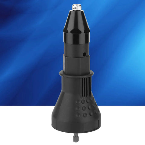Rivet Nut Gun Adapter Kit With Manual Handle for Drill Assisted Pulling and Screwing Applications, Black tool close-up on blue background.