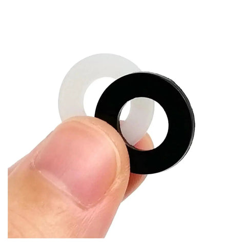 Plastic Flat Washer Assortment Kit M2 To M10 With Nylon Spacers And Gaskets In Black And White Four Thousand Four Hundred Seventy Five Pieces For Quick Fix And Handy DIY Projects, black and white plastic washers held by hand
