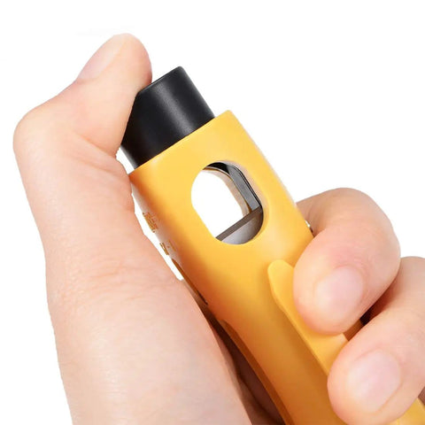 Hand holding Dual End Coax Cable Stripper For RG6 RG59 And RG11 Quad Cables, fixed blade design shown