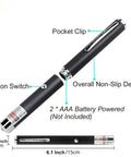 Three Pack Laser Pointer For Cats And Dogs Interactive Pet Toy Set With Red Green And Purple Lights Great For Playtime And Training Requires Two AAA Batteries Not Included, black laser pointer dimensions and features labeled.