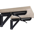 2 Pack Adjustable Triangle Folding Shelf Brackets Wall Mounted For DIY Home Bookshelf Table Bench Tools Tough Built To Last Black 8 Inch Space Saving Solution, mounted under a wooden shelf.