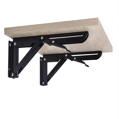 2 Pack Adjustable Triangle Folding Shelf Brackets Wall Mounted For DIY Home Bookshelf Table Bench Tools Tough Built To Last Black 8 Inch Space Saving Solution, mounted under a wooden shelf.