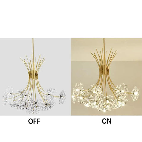 Dope Modern Gold Crystal Chandelier Bouquet Pendant Light With Flower Dandelion Design Hanging Ceiling Fixture lit and unlit