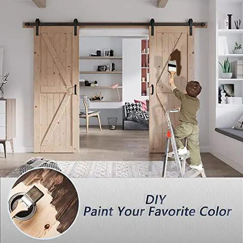 Child painting Rock Solid Double Barn Door System With Full Hardware Kit Hella Smooth Gliding Spruce Wood Room Divider.