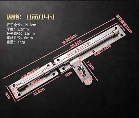 Sliding Bolt Latch for Heavy Duty Gate Lock with Padlock Hole Barn Door, 29.3cm long, 1.2mm thick, stainless steel with size details.