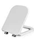 White Square Elongated Toilet Seat Featuring Quiet Soft Close Lids And Quick Release Hinges For No Sweat Top Mount Installation, molded plastic design.