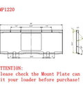 Dimensions diagram for MP1220 mount plate with warning 'check fit for your loader'. Part of 84 Inch Skid Steer Rock Grapple Bucket.