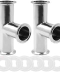 Two 1.5-inch stainless steel 3-way tri-clamp tees (304 SS) for 38mm pipe OD; includes six white gaskets.