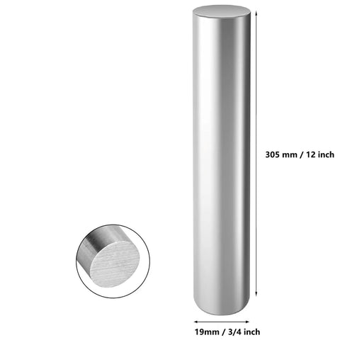304 stainless steel round rod, solid shaft; side view, 305 mm (12 in) long, 19 mm (3/4 in) diameter