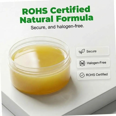 Low Melt Solder Flux Paste 60C No Clean Rosin Formula for PCB repair in transparent jar, ROHS certified, halogen-free.