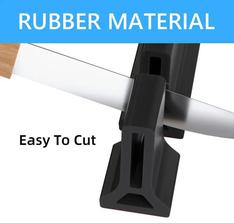 Close-up of a rubber 39 Inch Collapsible Shower Water Dam Barrier Keeps Water Inside Threshold For Easy Wet Dry Separation In Bathroom And Kitchen No Spill Stopper Designed To Stand Up To Foot Traffic And Everyday Use, shown being cut easily with a knife.