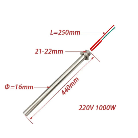 Built Tough 220V 1000W Cartridge Heater With Smokeless High Temperature Heating Rod, stainless steel, dimensions marked.