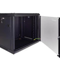 Heavy Duty 9U Wall Mount Server Cabinet Built Like A Tank Network Storage Rig with open lockable glass door.
