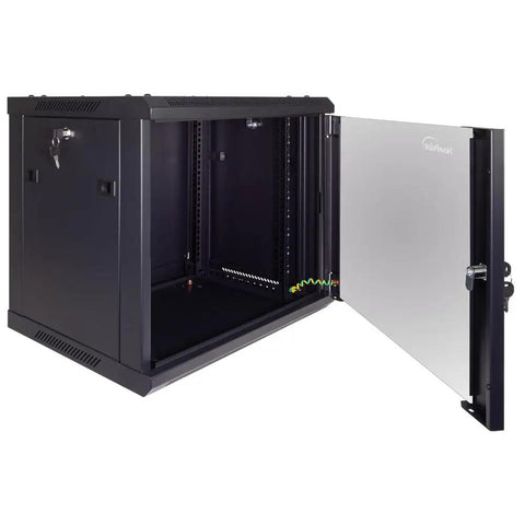 Heavy Duty 9U Wall Mount Server Cabinet Built Like A Tank Network Storage Rig with open lockable glass door.