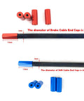 Close-up of 5mm red and 4mm blue Cable End Caps from 50 Piece Aluminum Alloy Bike Cable End Caps Kit For 4mm And 5mm Derailleur And Brake Wires Ferrule Set For Shifter Housings 5 Colors With 10 Pieces Each Durable CNC Machined Aluminum Keep Cables Protected And Looking Fresh.